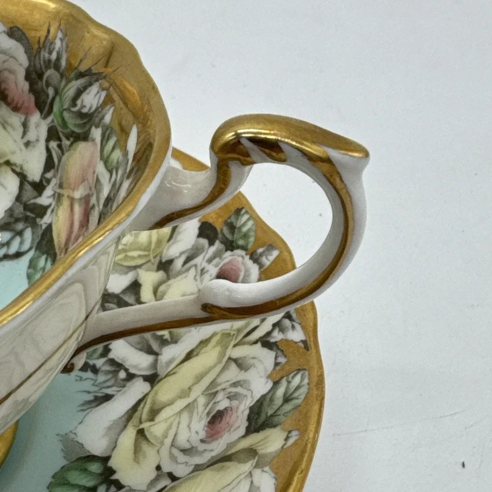 PARAGON By Appointment Double Warrant Cabbage Rose Blue Gold Gilt Cup Saucer